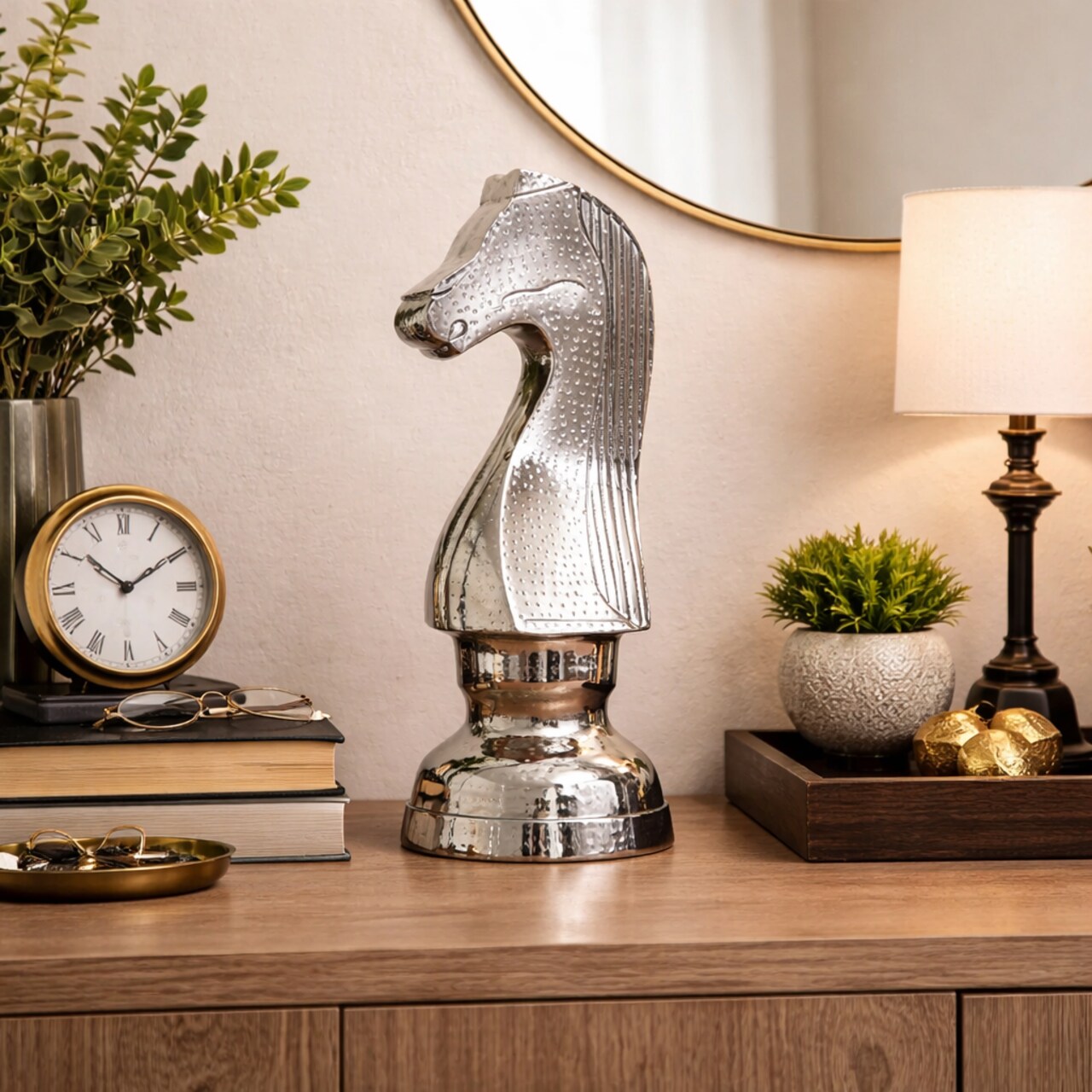 Decorative Hammered Nickel Finish Chess Horse Sculpture – Elegant Table Accent (5.5x5.5x14")